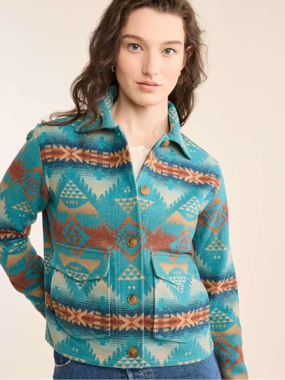 NWOT Pendleton Blue Turquoise and Brown Lowell 100% Wool Boxy Jacket Size M